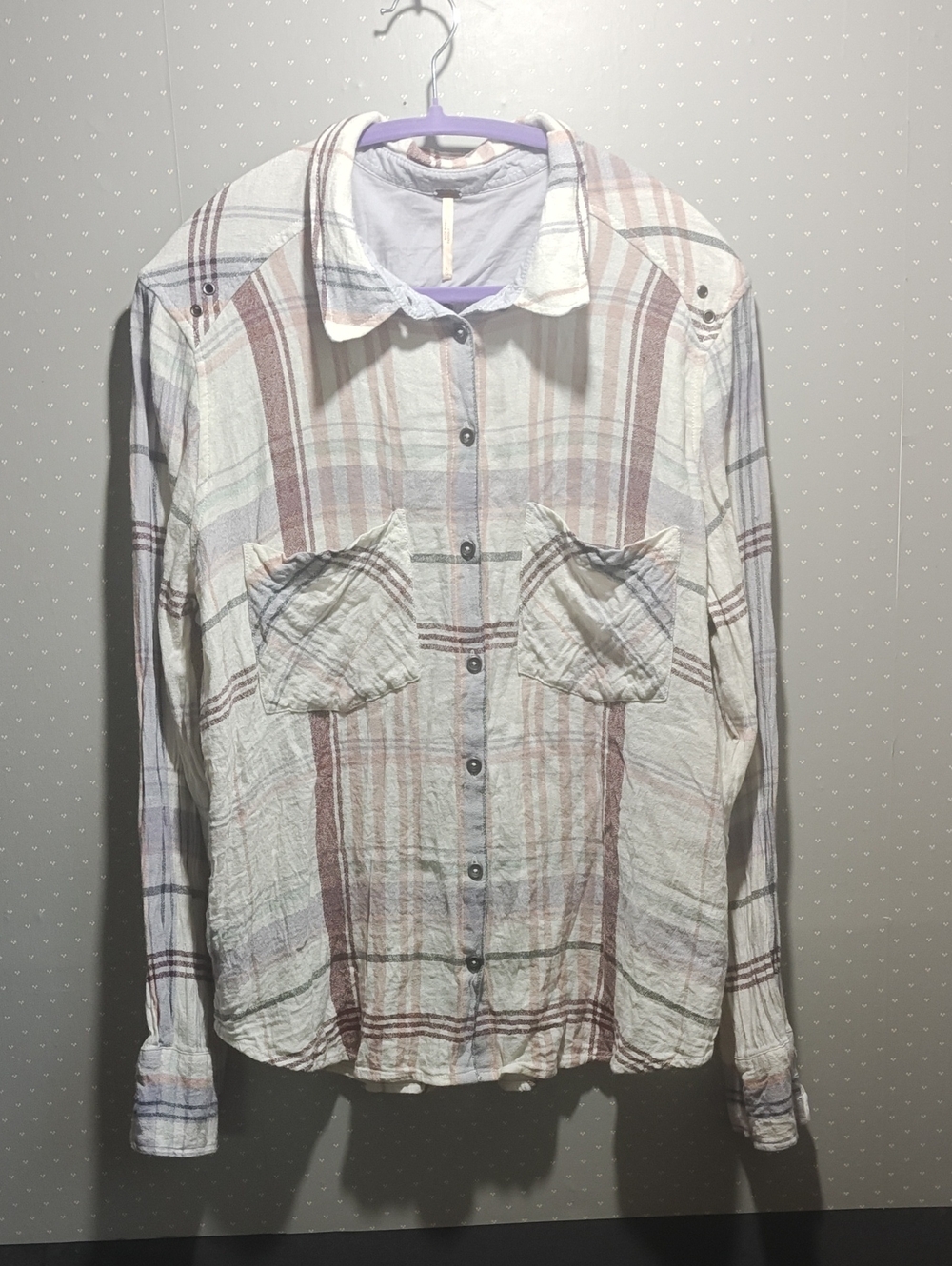 Free People Button-Down Plaid Shirt - Cream, Reddish Brown, Blue